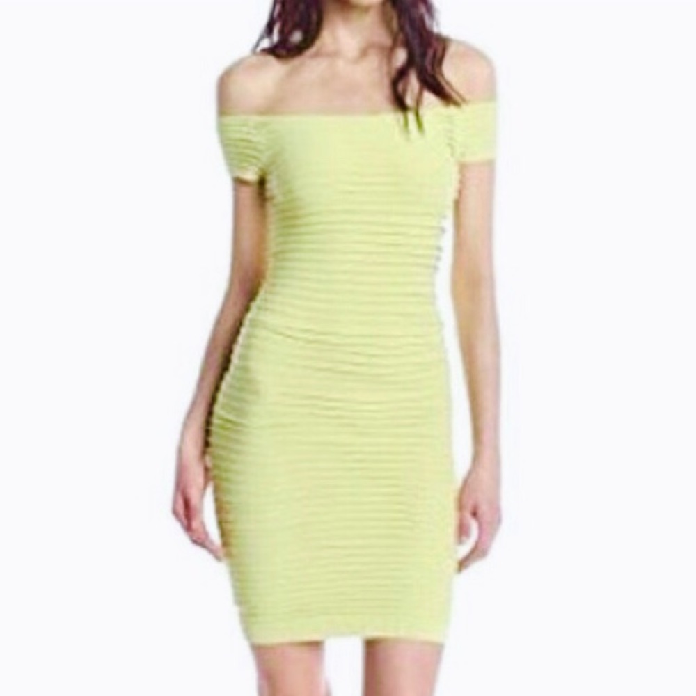 BCBG YELLOW OFF THE SHOULDER BANDAGE MINI DRESS